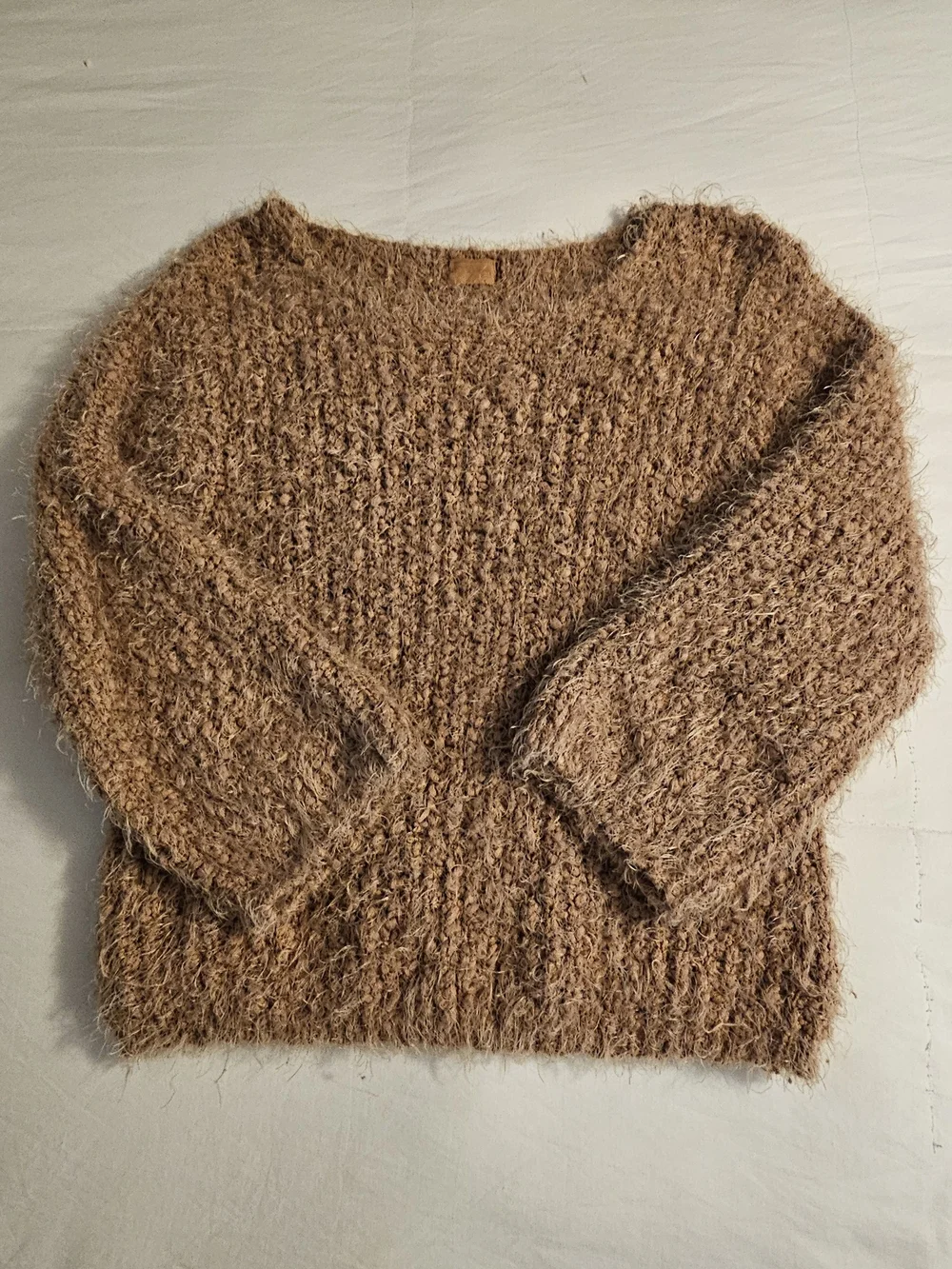 POL- Boho Cozy Brown Fuzzy Knit Women's Sweater W/ Scoop Neck Sz Med